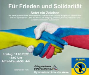Aufruf zur Menschenkette in Obervielan, Alfred-Faust-Straße 4, am Freitag, 11. März 2022 um 11.00 Uhr