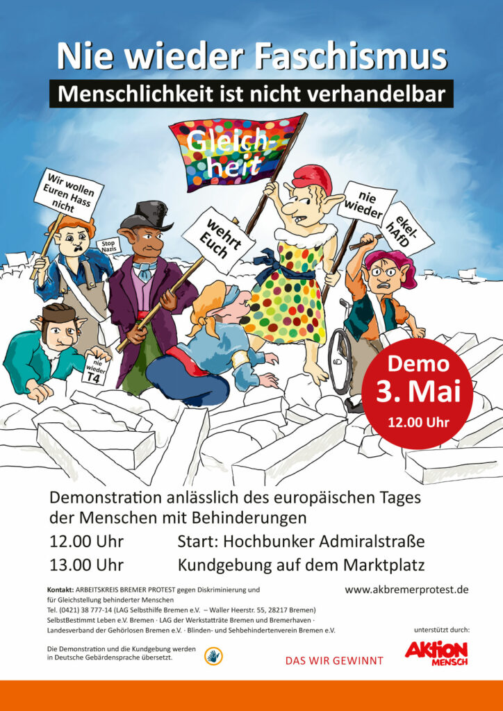 Plakat zur Demo und Kundgebung am 3. Mai 2024 in Bremen. Die Trolle gehen auf die Barrikaden. Sie fordern "Nie wieder Faschismus - Menschlichkeit ist nicht verhandelbar"

