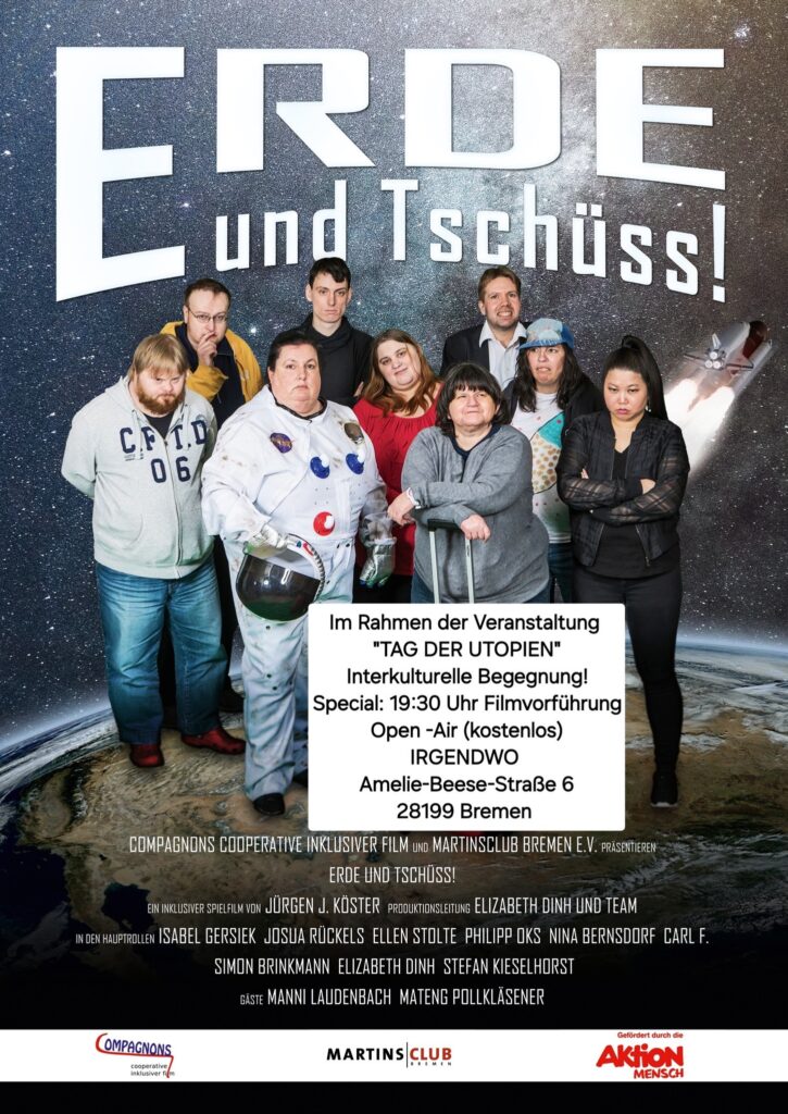 Das Plakat der Compagnons und des Martinsclubs zum inklusiven Spielfilm "Erde und Tschüss" mit allen Schauspieler:innen im Film.