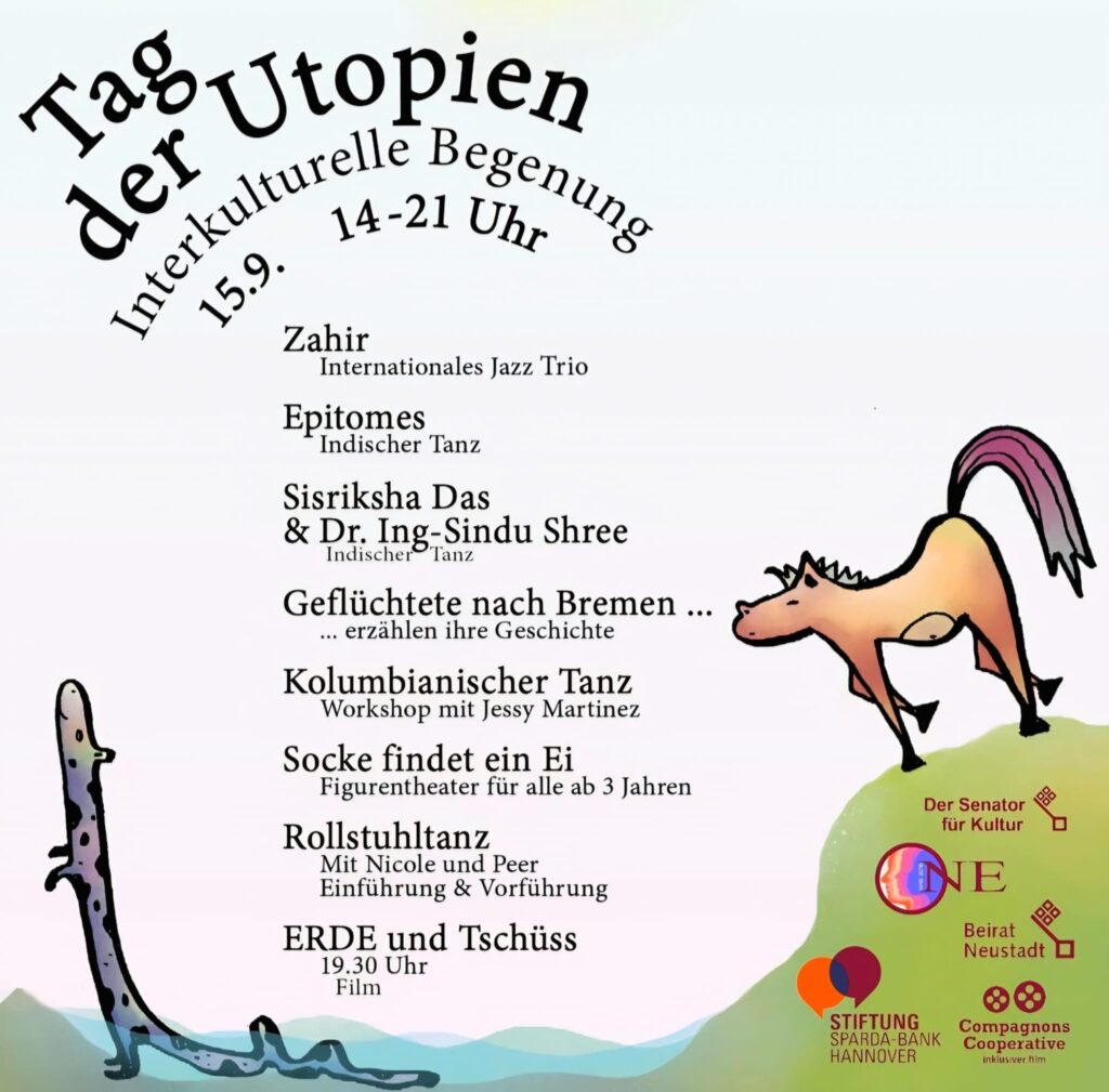 Das Programm des "Tags der Utopien" zeigt ein fröhliches Pferd und die einzelnen Programmpunkte mit internationaler Jazzmusik, indischer Tanzvorführung, Podiumsdiskussion, Figurentheater "Socke und Ei", Rollstuhltanz und dem Spielfilm "Erde und Tschüss".