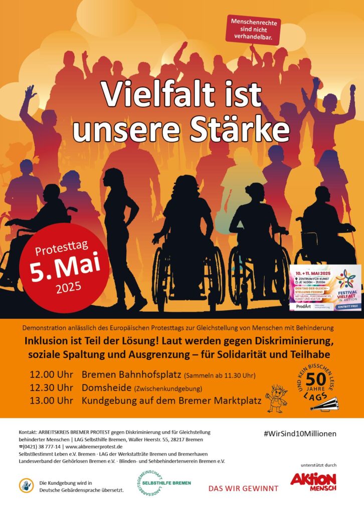 Vor einer Silhouette von Menschen mit und ohne Behinderungen steht das Motto des Bremer Protesttages 2025 "Vielfalt ist unsere Stärke".