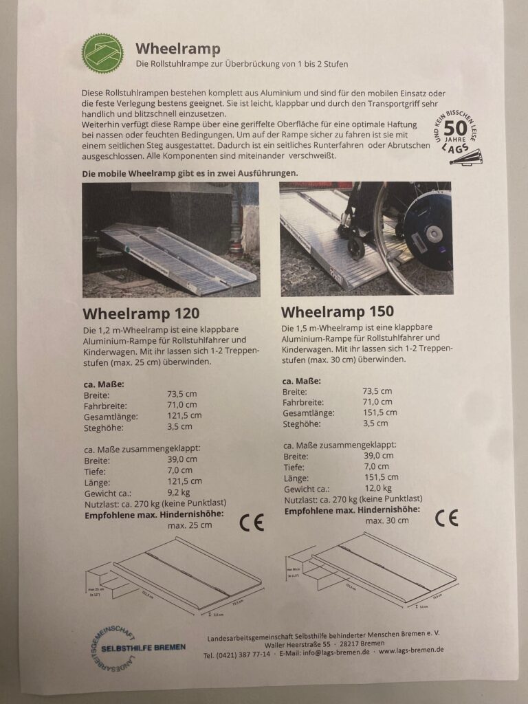 Ein Blatt mit den Daten für die kurze Rampe (Länge 120 cm mit rund 9 kg Gewicht oder 150 cm mit rund 12 kg Gewicht), beide haben eine Nutzlast von 270 kg, Fahrbreite 71 cm (eingeklappt 35,5 cm) und einen Tragegriff.