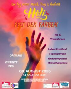 Plakat "Holi Fest der Farben" am 8. August 2025 ab 14 Uhr im Bürgerhaus Hemelingen, Godehardstr 4