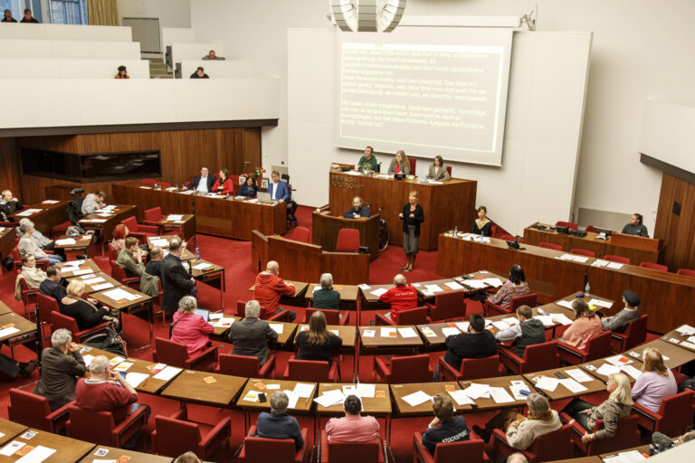 Viele Menschen mit Behinderungen diskutieren im Parlamentsgebäude