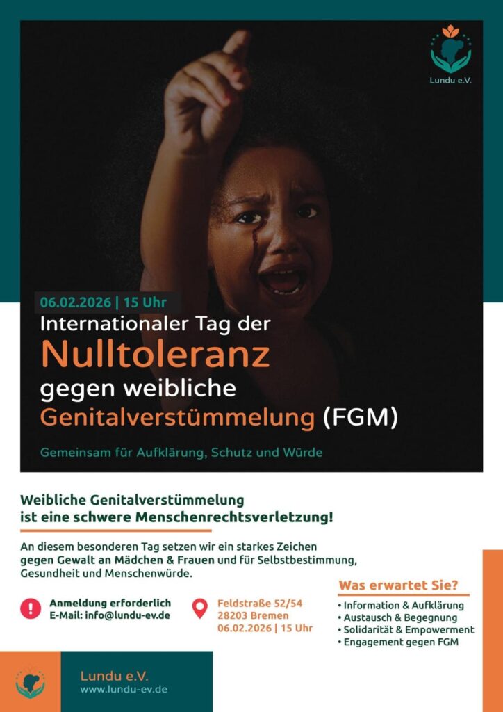 Ein Kind auf dem Plakat zum Internationalen Tag der Nulltoleranz gegen FGM mit den Informationen zur Veranstaltung, die sind auch im Text erwähnt.