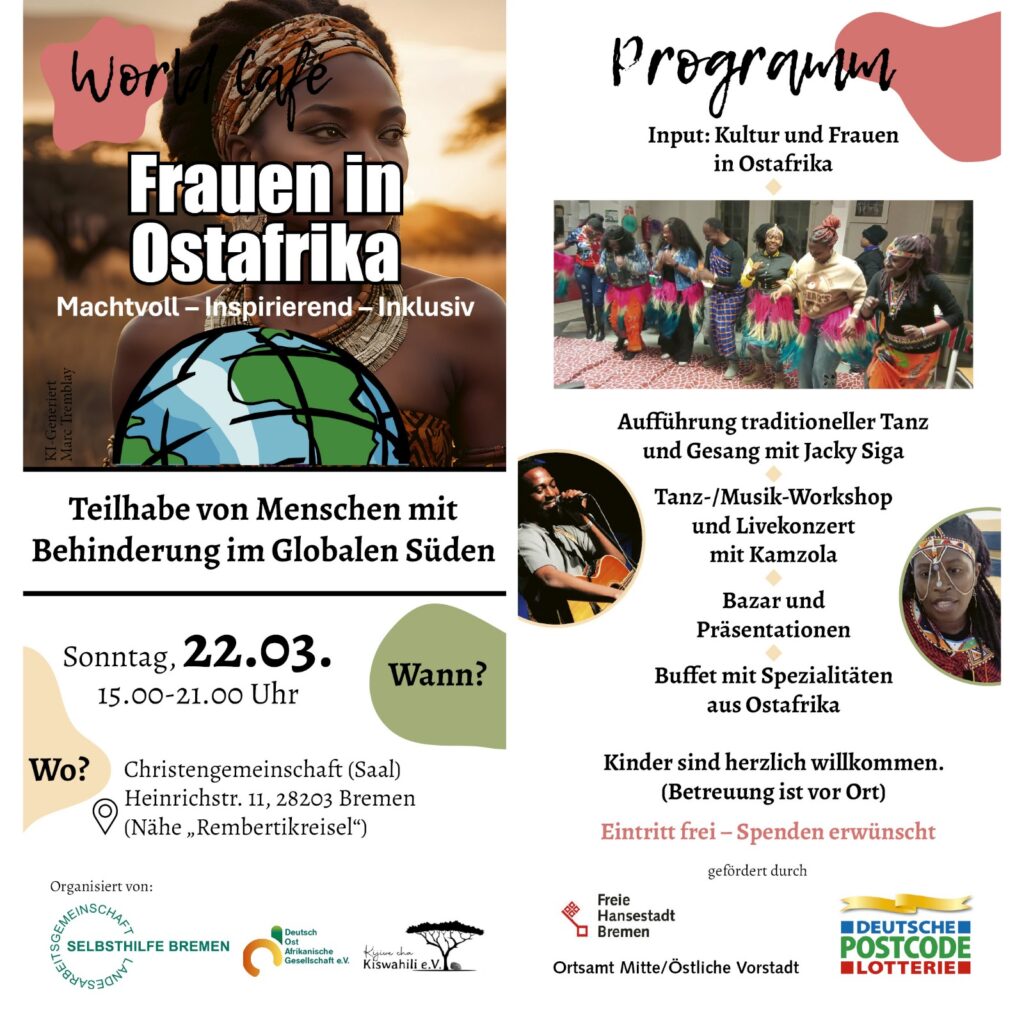 Flyer mit Programm zum World Café "Frauen in Ostafrika" mit Tanz- und Musikworkshops, Vorträgen, Bazar und ostafrikanischem Buffet und kleinem Konzert von Kamzola.