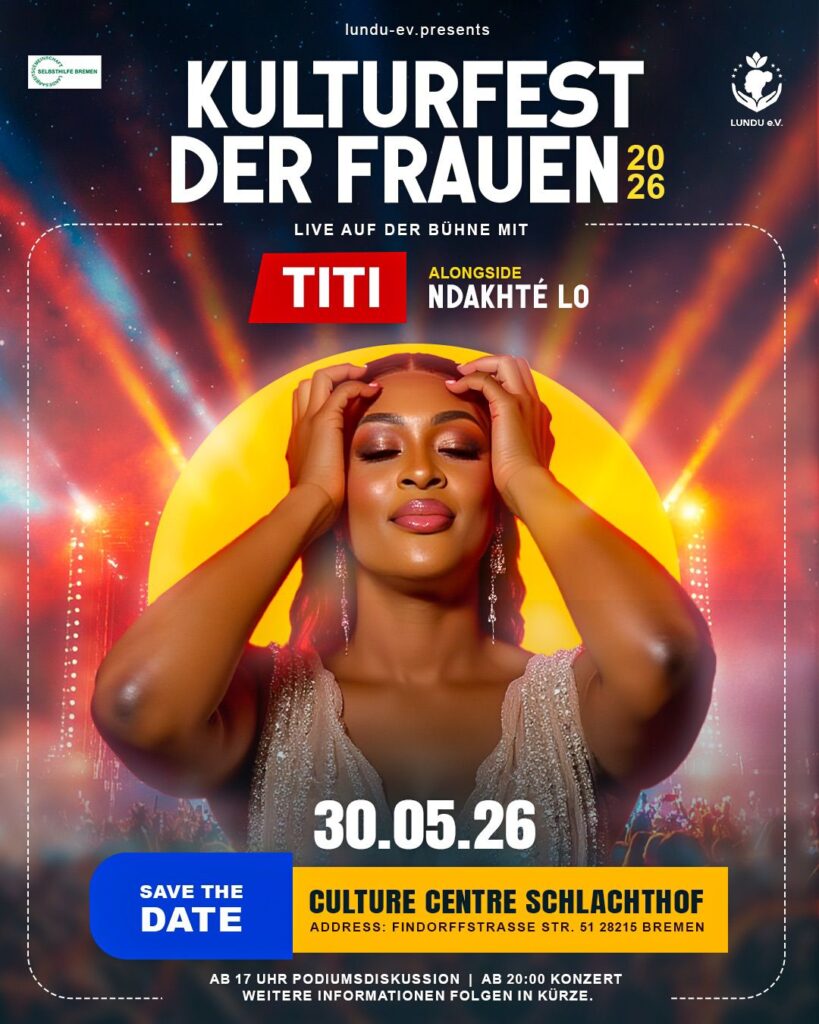 Plakat Kulturfest der Frauen. Auf dem Foto: Die Sängerin Titi von der gleichnamigen Band aus dem Senegal-