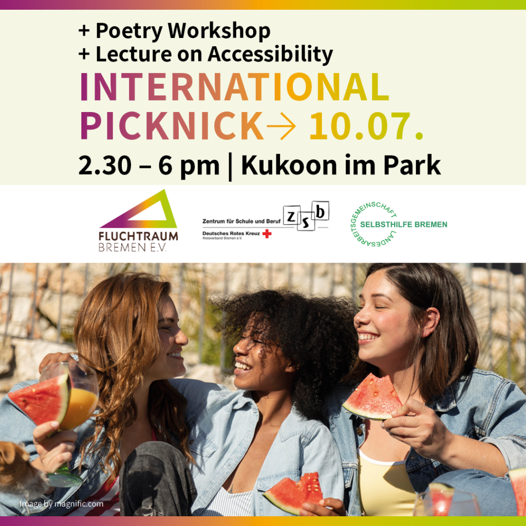 Zu sehen ist ein Bild mit jungen Menschen aus verschiedenen Ländern und mit der Terminankündigung International Picnic, 14.30 bis 18.00 Uhr im Kukoon im Park.