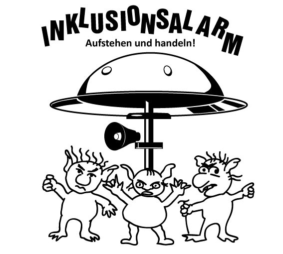 Unsere drei Inklusions-Kobolde rufen auf zum 31. Bremer Behindertenparlament "Inklusionsalarm - Aufstehen und handeln" steht über der Alarm-Sirene!